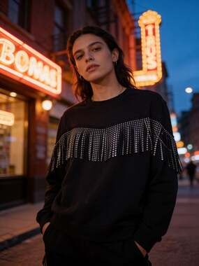 Sheryl Crow Black Rhinestone Fringe Sweatshirt Size Large Festival Western